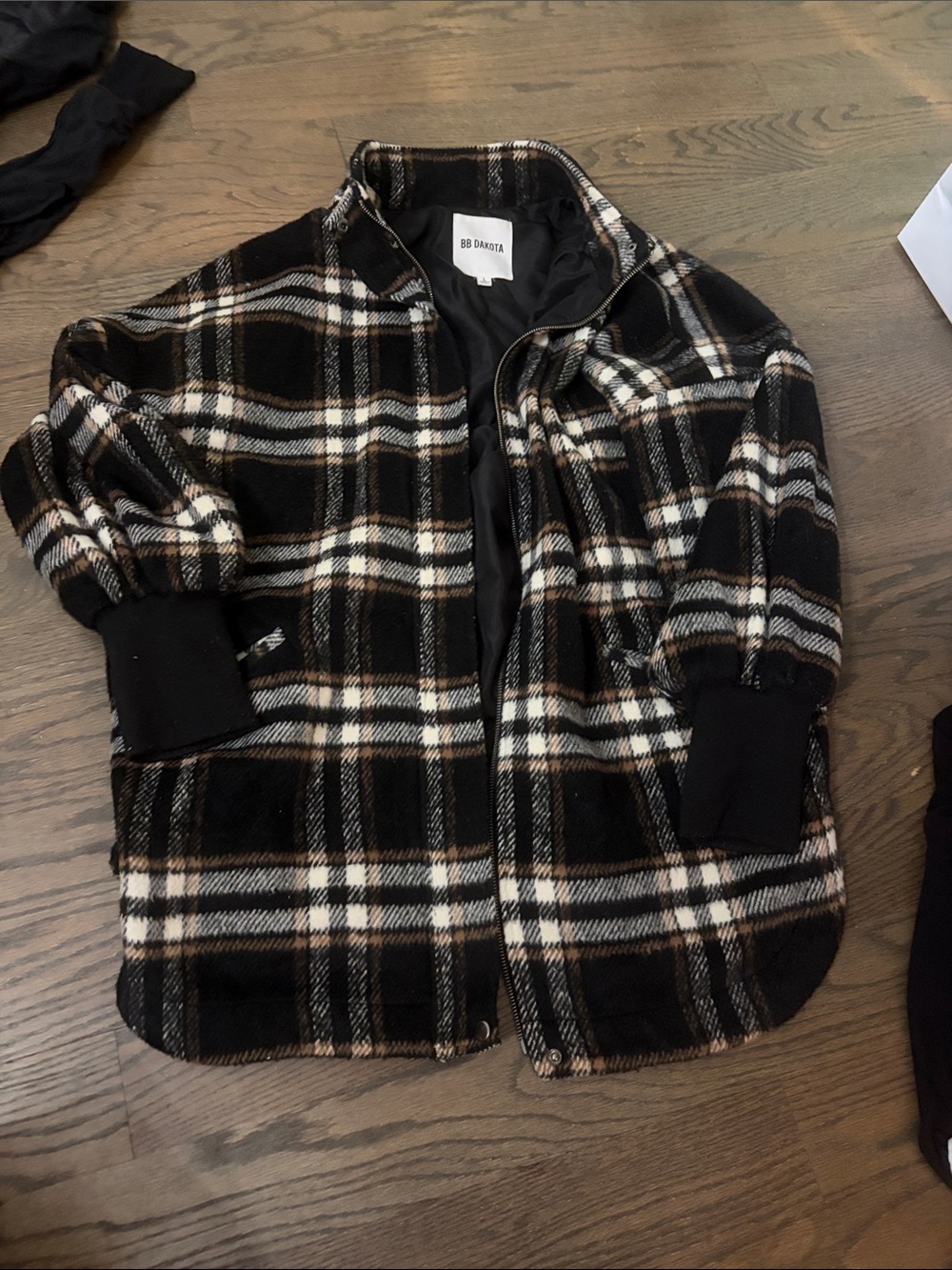 BB Dakota Black, Cream & Brown Plaid Teddy Jacket